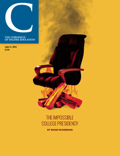 The cover image for June 21st's issue. A caution yellow background with a plush office front and center. The office chair is sent atop a fire pit and appears to be burning up.